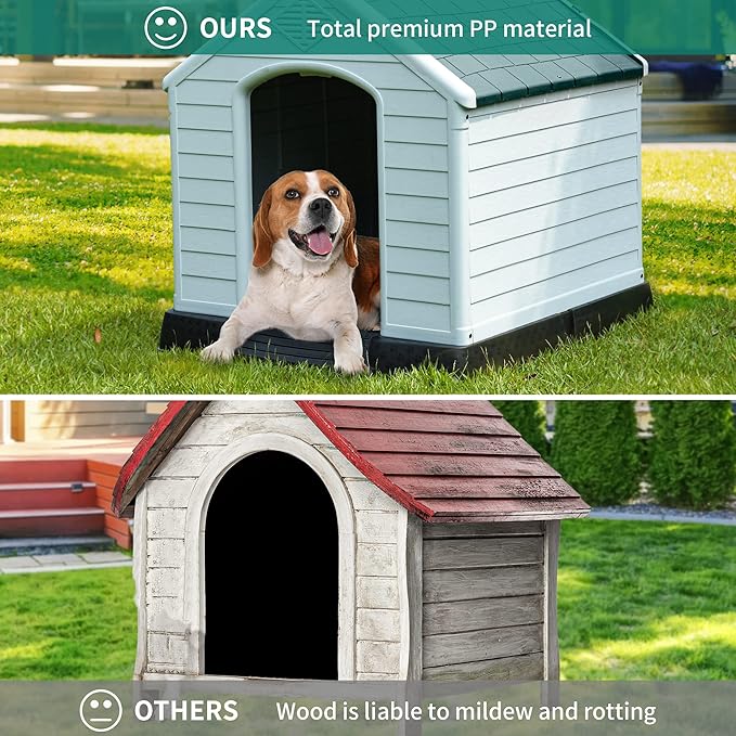 YITAHOME Plastic Dog House, Waterproof Indoor Outdoor Doghouse for Large or Small Dog, with Air Vents and Elevated Floor, Easy Assemble and Clean