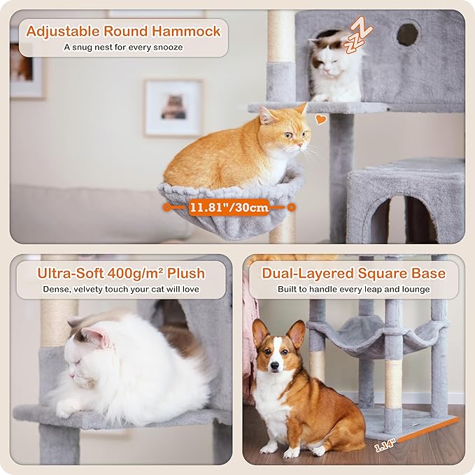 Ouritsu Cat Tree, 73.6 inch Tall Cat Climbing Tower for Large Cat Indoor with 2 Large Condos, 2 Widened Perches, Sisal Covered Scratching Posts, 2 Hammocks, Light Gray, XLF001GA