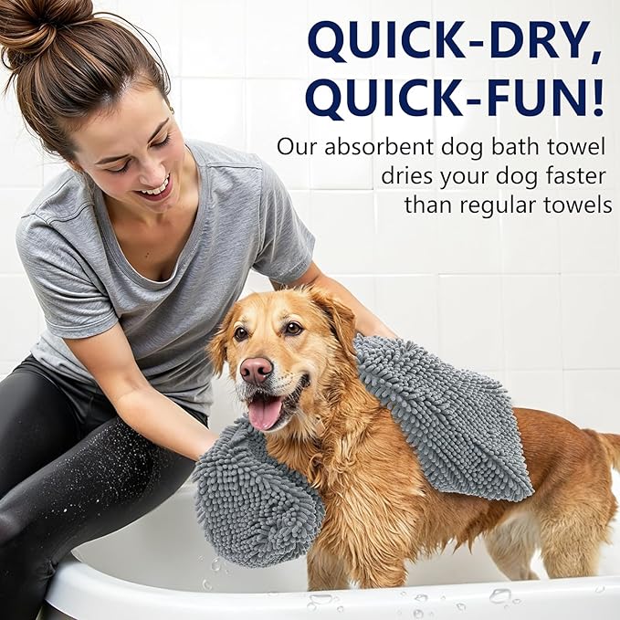 OLANLY Chenille Dog Bath Towel 31x13, Ultra Absorbent Quick Dry Pet Towel, Extra Soft Washable Plush Towel for Large Dogs & Puppies, Indoor Outdoor Use, Grey