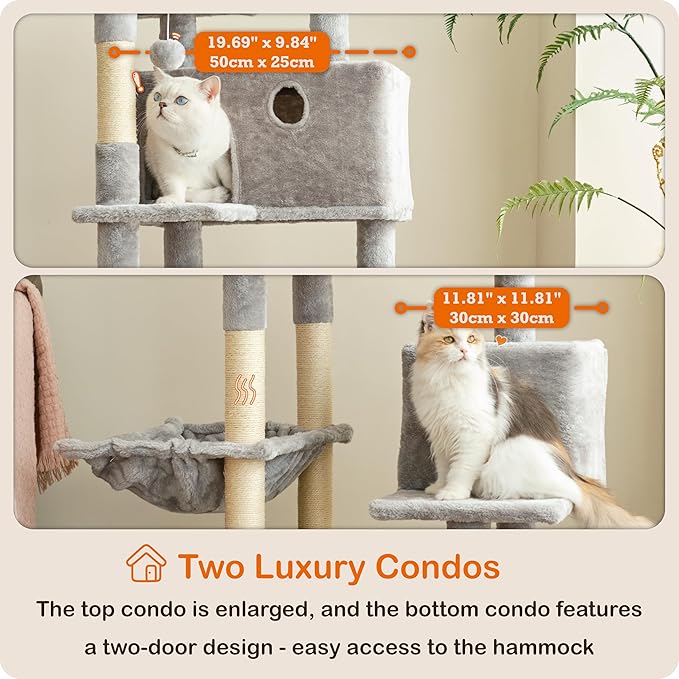 Ouritsu Cat Tree, 57 inch Cat Tower for Large Cat Indoor, 2 Top Perches with 1 Widened, 2 Condos with 1 Enlarged, Steel Frame Hammock, Scratching Posts and Scratching Pad, Light Gray, LF003GA