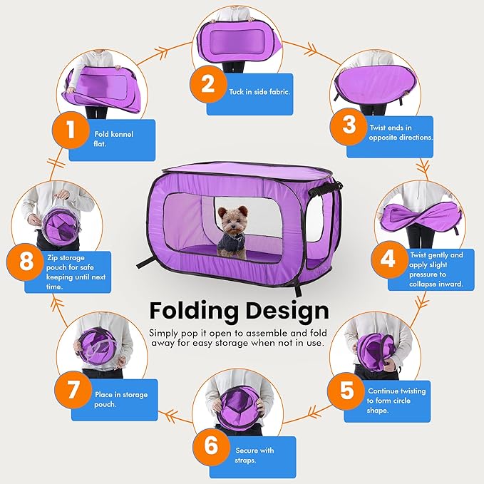 Beatrice Home Fashions Portable, Collapsible, Pop Up Kennel Travel Cat and Dog Crate, 24" L x 16.6" W x 16" H, Purple