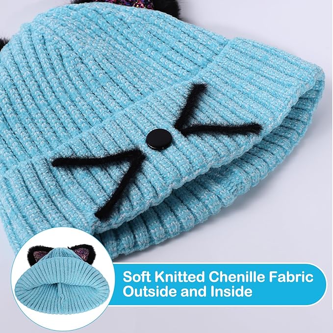 Kids Girls Cat Ear Hat Winter Warm Knit Beanie Cute Ski Skull Cap for Ages 7-12