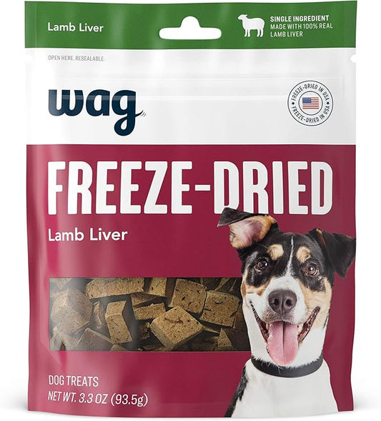 Amazon Brand - Wag Freeze-Dried Raw Single Ingredient Dog Treats, Lamb Liver, High Protein, Healthy Training Treats or Meal Topper for all Dogs, Grain-Free, 3.3oz