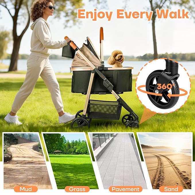 Dog Cat Stroller for Small/Medium Pets up to 50 lbs, 3-in-1 Foldable Pet Stroller with Detachable Carrier, Car Seat, Storage Basket, Cup Holder, Hanging Bag, Rain Cover, All-Terrain 4 Wheels (Khaki)