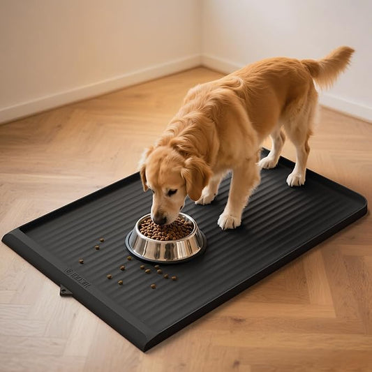 Dog Food Mat 36"x24", Waterproof Pet Feeding Mat with Diversion Grooves and Raised Edges, Large Non-Slip Dog Bowl Mat for Food and Water, Cat Food Mat for Floors, Easy to Clean, Black