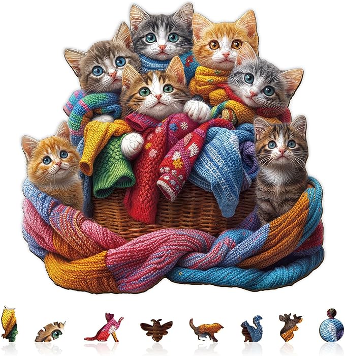 KAAYEE Wooden Puzzles for Adults, Colorful Fabric Cat 185 Piece Unique Animal Shape Puzzle, Cat Wood Puzzle for Adults, Creative Gifts for Friends/Family(11.4 * 10.9in)