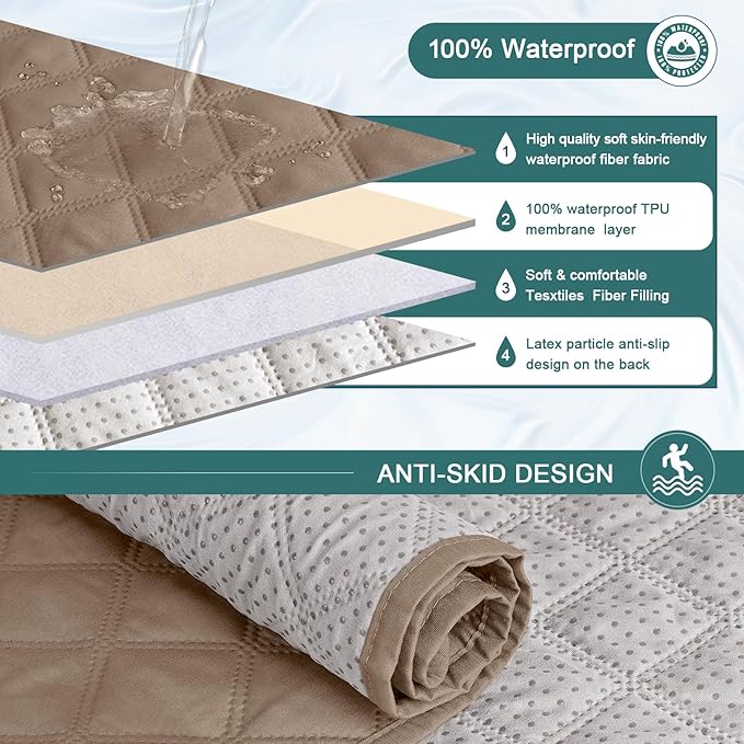 Ruaozz Waterproof Recliner Sofa Cover 1-Piece Couch Covers for Reclining Couches Reclining Sofa Cover Washable Furniture Protector with Elastic Straps Pocket for Kids, Pets (Light Brown, 2 Seater)