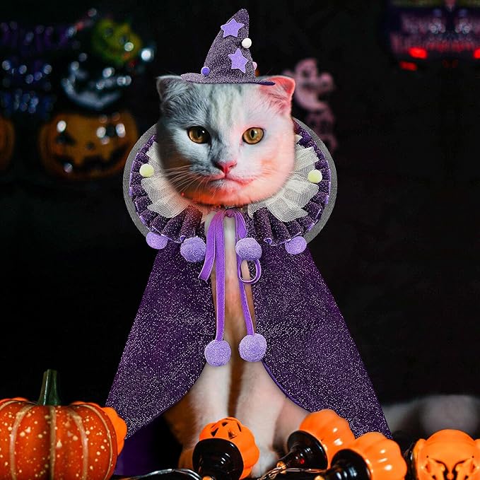 KOUPA Pet Halloween Costume with Hat, Dog Clothes Cosplay Wizard Cloak for Small Puppy Kitten Animal, Shiny Cat Outfit Suit for Party Holiday Christmas, Purple