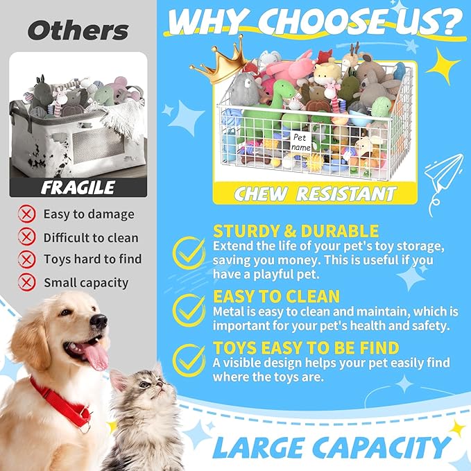 Indestructible Dog Toy basket, Large Toy Box for Dogs,Pet Toy Bin Dog Metal Basket for Toys, Toy Storage Organizer, Toy Box for Living Room Area (White)