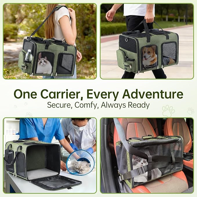 Cat Carrier for 2 Cats - Double Pet Carrier Extra Large, Dual Cabin Multi Cat Travel Carrier with Removable Divider, Collapsible, Can Hold 20 30 40 lbs for Two Small Kitten, Medium Dog Green