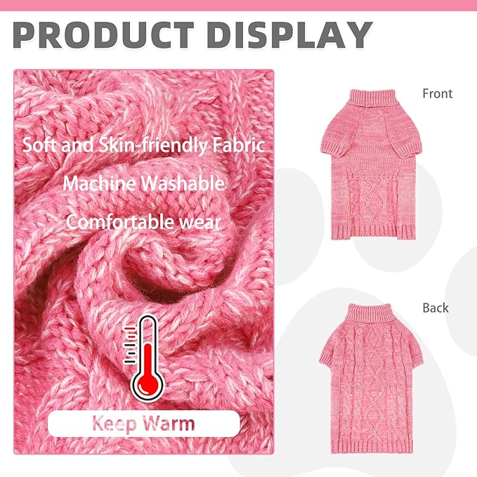 KOOLTAIL Dog Sweater for Large Medium Small Dogs, Fall Dog Sweaters, Turtleneck Cable Knitwear Pet Cold Weather Coats with Leash Hole, Warm Winter Pullover Clothes for Bulldog, Yorkie,Boy Girl,Pink SM