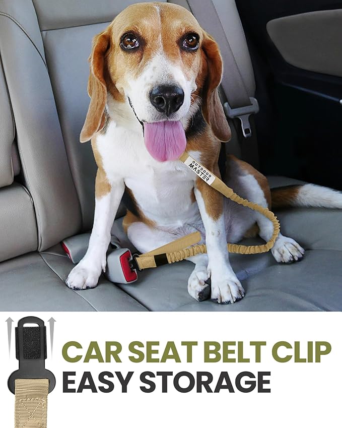 OutdoorMaster Bungee Dog Leash, Heavy Duty Dog Leash with Shock Absorption, 2 Padded Handles Training Leash,1 Seat Belt Clip, Improved Dog Safety and Comfort - Khaki Upgraded, 6 FT