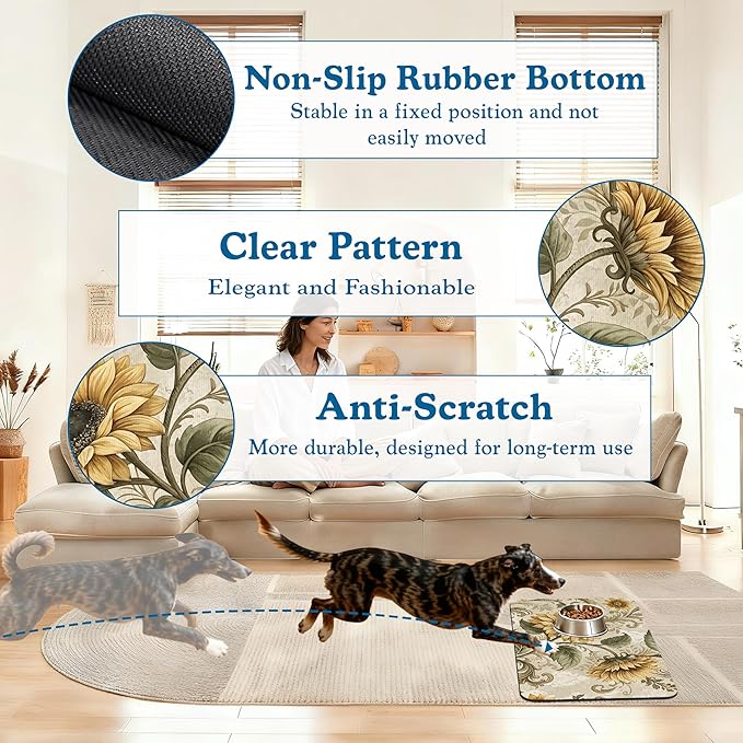 Vintage Sunflower Pet Feeding Mat for Floors–Absorbent Quick Dry Dog Cat Bowl Mat for Food and Water, Non Slip Waterproof Base, Mess-Free Feeding Accessories 12"x20"