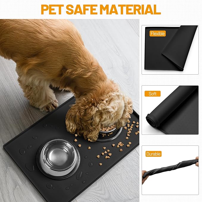 Hubulk Dog Feeding Mat,100% Waterproof Food Grade Silicone Pet Food and Water Bowl Placemat,Dishwasher, High Raised Edge to Prevent Spills,Nonslip Tray to Stop Messes on Floor（28"x18"x0.8", Black）