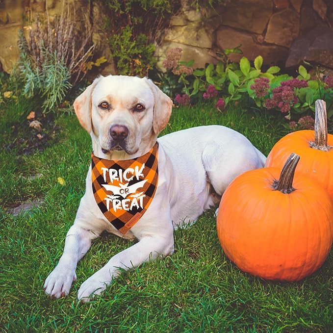 ADOGGYGO Halloween Dog Bandana Reflective Trick or Treat Boo Scarf Orange Purple Plaid Halloween Bandanas for Extra Large Dogs Pets (X-Large)