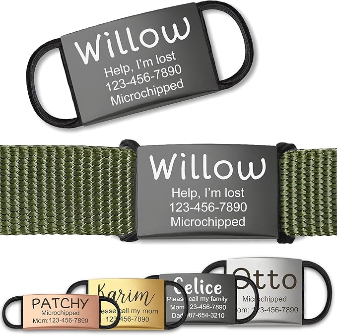 Anavia Slide On Silent Pet ID Tags, S/M/L/XL Personalized Stainless Steel Cat Dog Tag with Elastic Fabric Band, Engraved Nameplate Quiet Chew-Proof Pet Collar Tag (Black, S/M)