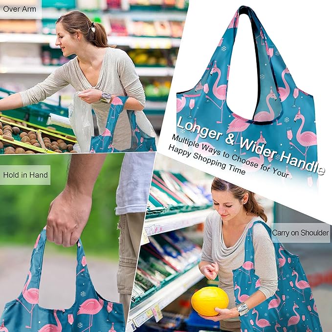 BeeGreen Christmas Animals Reusable Grocery Bags 6 Pack Animal Pattern Reusable Shopping Bags Bulk Christmas Gifts Tote Bags Flamingo Peguin Dog Cat Hedgehog Bear