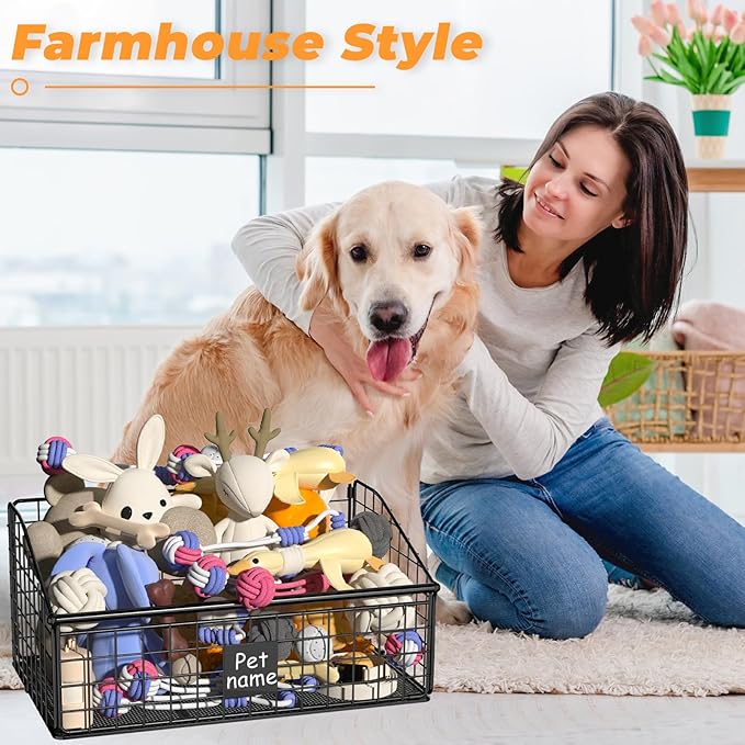 Dog Toy Bin Toy Basket Metal Storage Box with Handles Dog Organizer Chew-Proof Dog Toy Box Blankets Leashes Chest Puppy Dog Toy Storage Container Home Decor Pet Toys Dog Cat