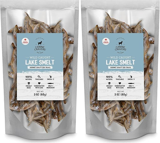 Canine Cravers Single Ingredient Dog Treats – Wild Caught Lake Smelt - Human Grade Air Dried Hypoallergenic Pet Food – Grain, Gluten, and Soy Free – 100% All Natural – 3 oz (Pack of 2)