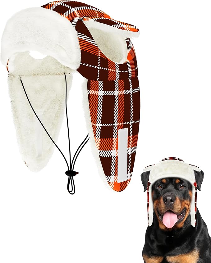 PET SHOW Dog Trapper Hat Winter Hat for Medium Large Dogs Fall Thanksgiving Warm Fleece Aviator Hats with Ear Flaps Adjustable Outdoor Boy Pet Pilot Costume Cap L-Orange Plaid/with Ear Holes