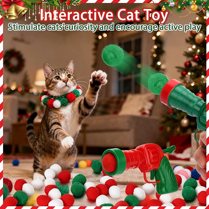 Mity rain 102PCS Cat Ball Launchers & Pom Pom Balls Interactive Cat Toy Set – Safe Soft Plush Kitten Toys for Indoor Cats, Fun Kitten Toys for Endless Active Play (Christmas)