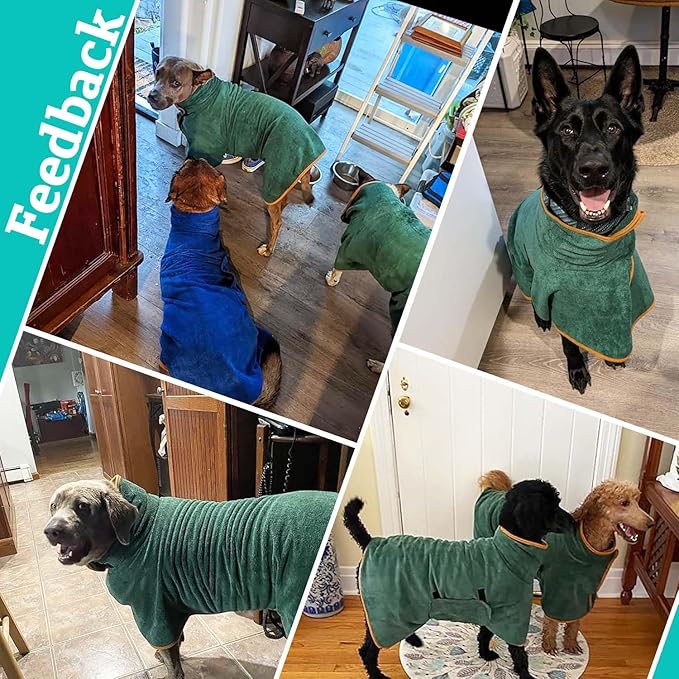 Dog Drying Coat Bathrobe Towel, Microfibre Material Fast Drying Super Absorbent Dog Bath Robe, Pet Quick Drying Moisture Absorbing with Adjustable Collar and Waist Green