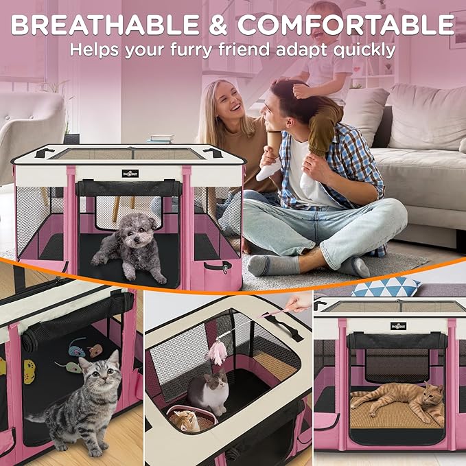 Foldable Pet Kitten Playpen, Upgrade Waterproof Portable Cat Dog Playpen Kennel Tent for Small Dog Cat, Retractable Shade Cover, Come with Free Carrying Case, Indoor Outdoor Use for Small Pet, Pink
