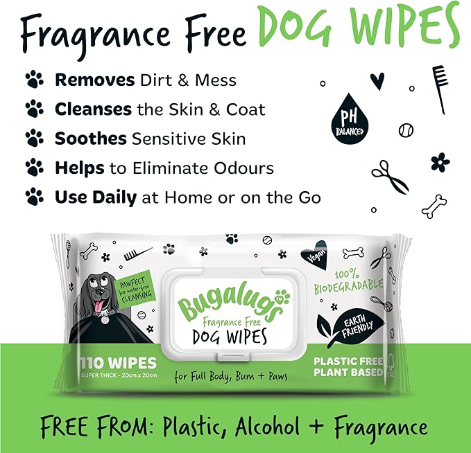 BUGALUGS Dog Wipes, 100% Plastic Free Biodegradable pet Wipes for Full Body, Eye Wipes, Ear Wipes, Bum & Paws. 110 Sensitive Dog Grooming Wipes for Dogs, Puppy & cat Grooming (Fragrance Free)