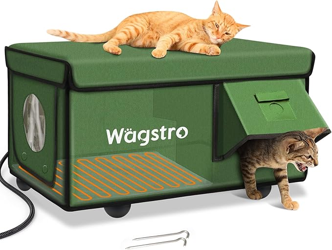 Heated Cat House for Outside, Waterproof Awning & Escape Door Heated Cat Houses for Indoor/Outdoor Cats in Winter, Elevated & Insulated Outdoor Cat Shelter for Feral Cat(Green, 25.2"x16.5"x13")