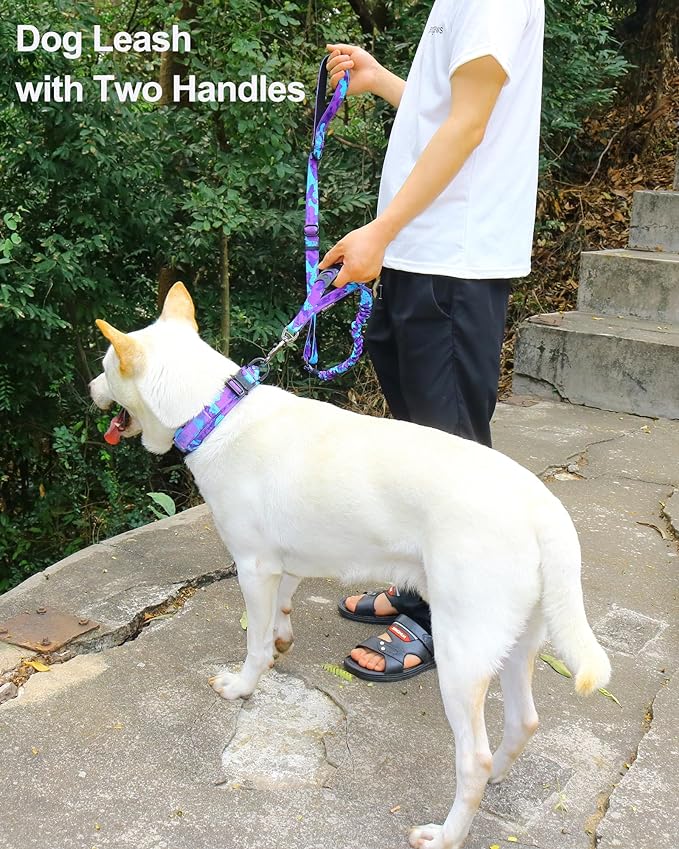 Hotsky Tactical Dog Leash Heavy Duty for Medium Large Dogs That Pull,4-6Ft Strong Bungee Shock Absorbing No Pull Dog Leash with Padded Double Handle and Car Seatbelt,Purple Camo
