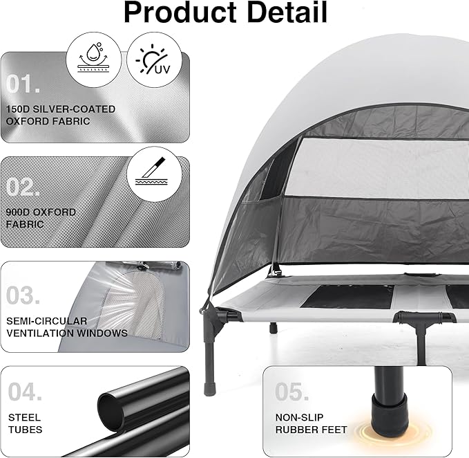 Elevated Outdoor Dog Bed with Canopy – Cooling Camping Tent, Removable Shade, Off-Ground Cot, Medium