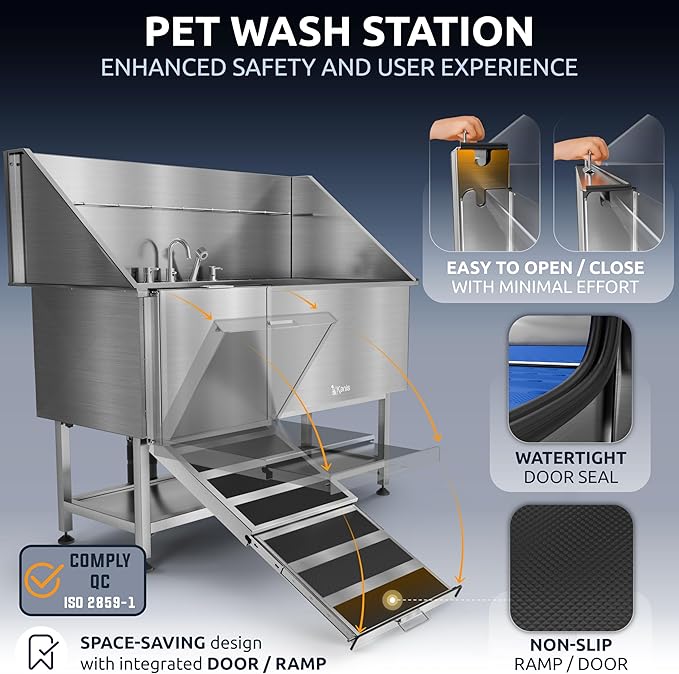 KANIS Professional Dog Washing Station - 304 Stainless Steel Pet Wash Sink & Grooming Bathtub w/Shower, Floor Grates and Storage for Large, Medium & Small Pets (61", Shelf - Left Ramp)