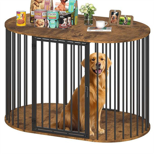 TVU 48 Inch Dog Crate Furniture, Heavy Duty Dog Kennel Indoor for Large Dogs, Oval Decorative Pet House End Table for Living Room, Bedroom, Hallway, 47.2" L x 27.6" W x 31.5" H, Rustic Brown, Black