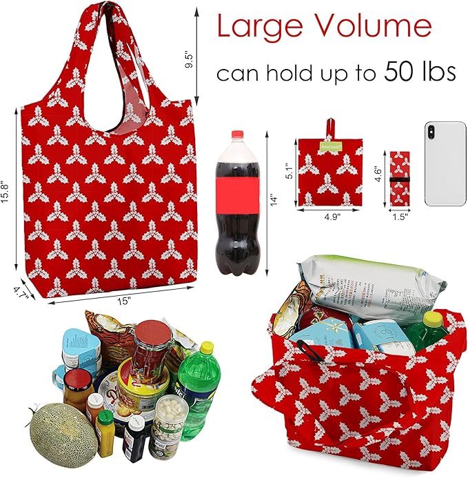 BeeGreen Christmas Red Reusable Grocery Bags 12 Pack with Storage Pouch & Elastic Band Gift Bags Shopping Tote Bags Bulk Ripstop 50LBS Extra Large Foldable Machine Washable