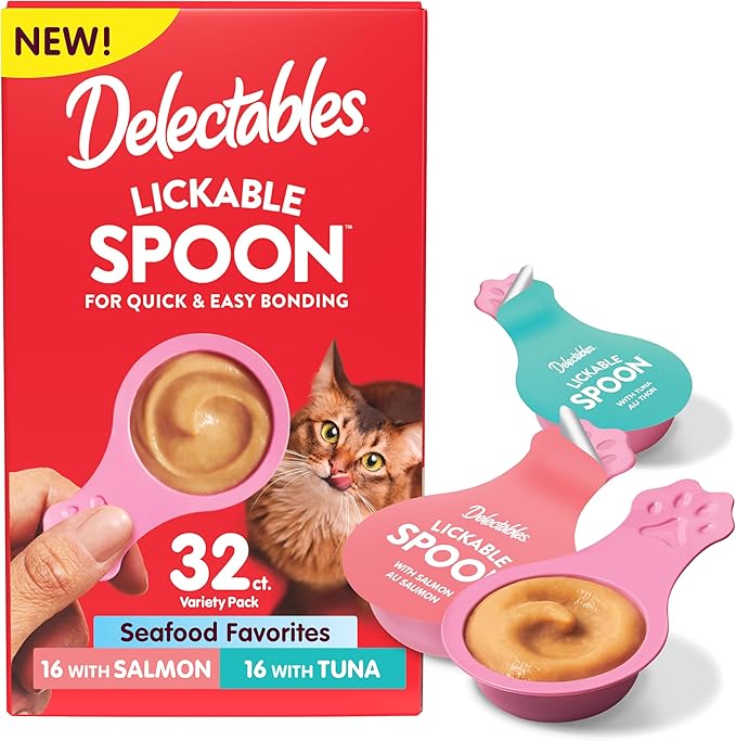 NEW! Delectables Lickable Spoon Handheld Wet Cat Treats Made with Real Salmon & Tuna, Creamy Puree, Mess Free, Quick & Easy, Grain-Free, No Added Fillers, No Added Preservatives, Variety Pack, 32ct
