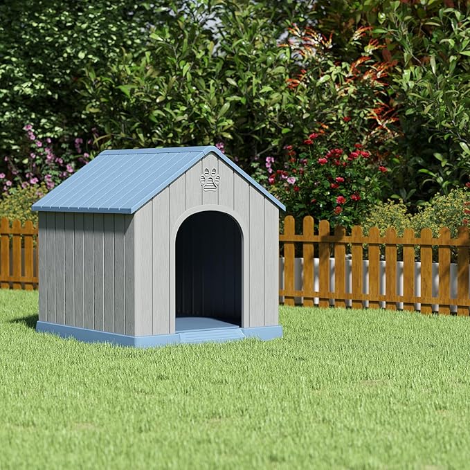 Large Dog House Outdoor Indoor, Durable Plastic Waterproof Doghouse with Air Vents and Elevated Floor, Easy Clean and Assemble for Medium Large Dogs (Classic Blue, 36.2''L×38''W×38''H)