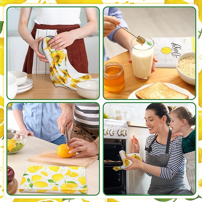 TecUnite 6 Pcs Sunflower Kitchen Towels Lemon Daisy Flower Dishtowels 24 x 16 Inches Floral Absorbent Fast Drying Farmhouse Hand Towels for Christmas Bathroom Gifts Decorations