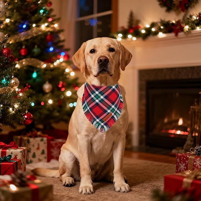 ADOGGYGO Christmas Dog Bandanas with Tassels, Festive Red Green Plaid Xmas Scarf Bib, Soft Cotton Fabric, Pet Christmas Bandanas for Extra Large Dogs (X-Large)
