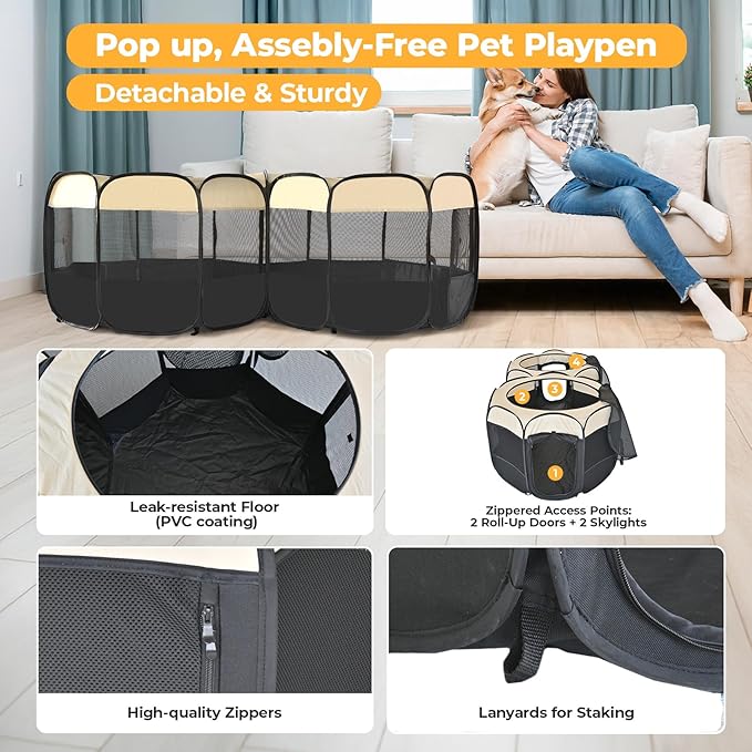 2-in-1 Pop Up Cat Playpen, Detachable into 2 Separate Pens, Assembly-Free Portable Puppy House Collapsible Dog Crates Pet Pen Tent Kennel Kitten Enclosure Cage Indoor Outdoor Foldable(S)