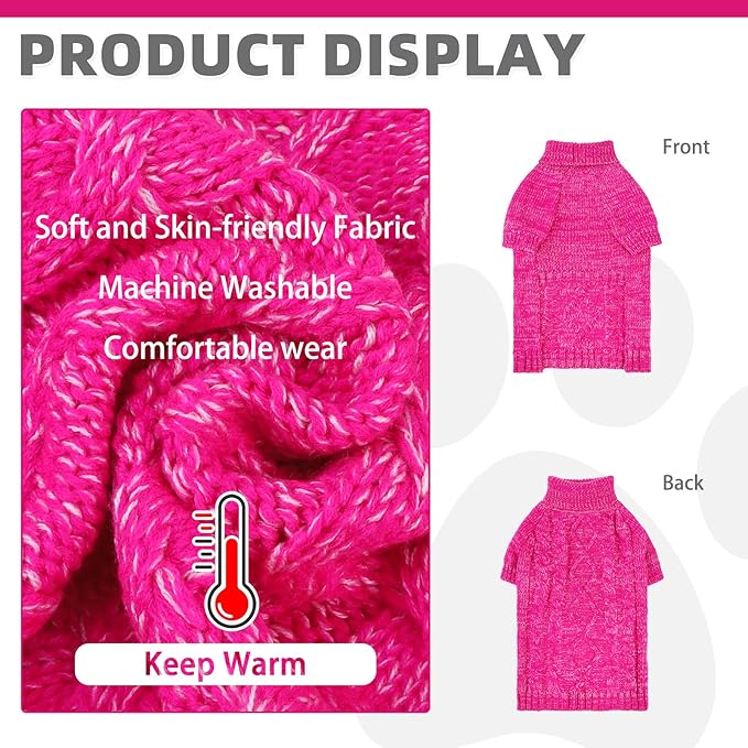 KOOLTAIL Dog Sweater for Large Medium Small Dogs, Fall Dog Sweaters, Turtleneck Cable Knitwear Pet Cold Weather Coats with Leash Hole, Warm Winter Pullover Clothes for Bulldog, Yorkie,Boy Girl,Rose SM