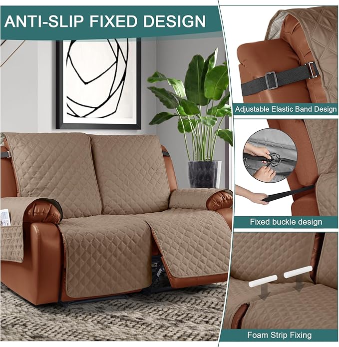 Ruaozz Waterproof Recliner Sofa Cover 1-Piece Couch Covers for Reclining Couches Reclining Sofa Cover Washable Furniture Protector with Elastic Straps Pocket for Kids, Pets (Light Brown, 2 Seater)