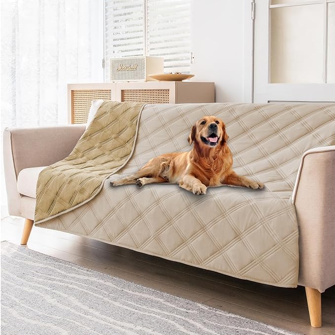 fuguitex Waterproof Dog Blanket Reversible for Small Dogs Resistant Leakproof Washable Couch Cushion Bed Protector Cover for Indoor Furniture Pet Friendly（30"*70",Beige+Taupe