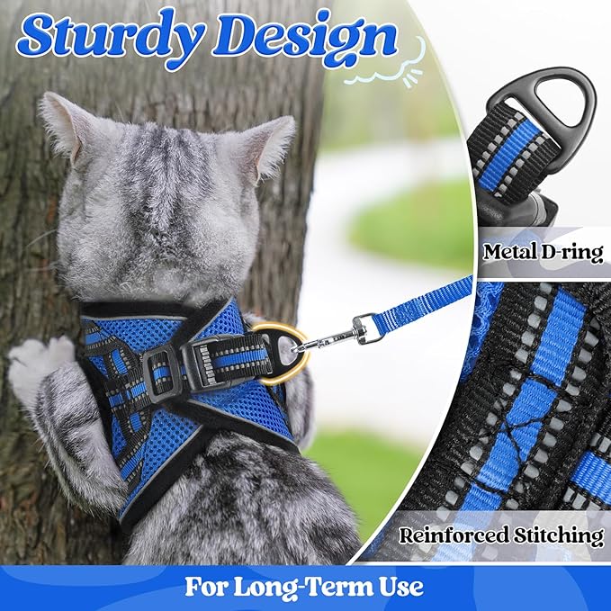 rabbitgoo Cat Harness and Leash Set for Walking Escape Proof, Adjustable Soft Kittens Vest with Reflective Strip for Cats, Comfortable Outdoor Vest, Blue, XL