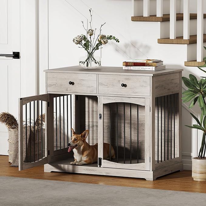 40'' Wooden Dog Crate Furniture–Farmhouse Dog Kenel-Multi Purpose Pet House with Double Doors, 2 Drawers, for Small, Medium & Large Dogs–Rustic Grey Finish