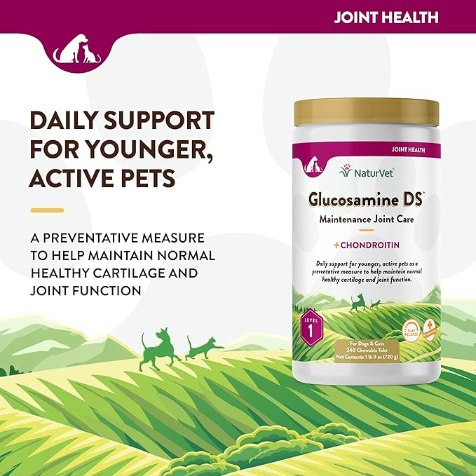 NaturVet – Glucosamine DS - Level 1 Maintenance Care | Preventative Care to Maintain Healthy Cartilage & Joint Function | Enhanced with Glucosamine & Chondroitin | for Dogs & Cats (240 Tablets)