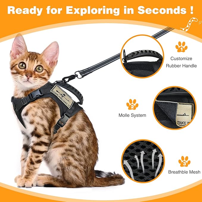 Tactical Cat Harness and Leash Set for Walking Escape Proof, Adjustable Large Cat Vest Harness with Molle Patches, Soft Mesh Padding, Rubber Handle Easy to Control Black