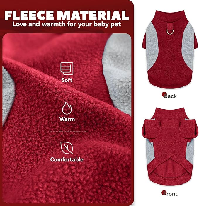 Small Dog Sweater with Leash Ring Soft Warm Fleece Fall Winter Dog Clothes Cute Cat Apparel Puppy Sweaters Classic Pullover Doggy Sweatshirts Chihuahua Costumes Cat Outfits(Red,L)