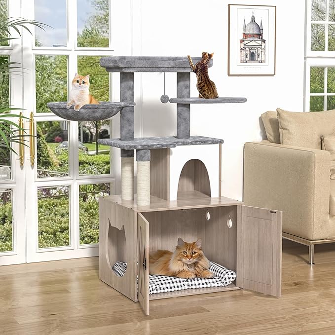 Litter Box Enclosure with Cat Tree,Cat Tree with Litter Box Enclosure,Hidden Pet Washroom Furniture with Sisal Scratching Post,Hammocks,Condo,Multiple Platform,Soft Plush Perch, Grey