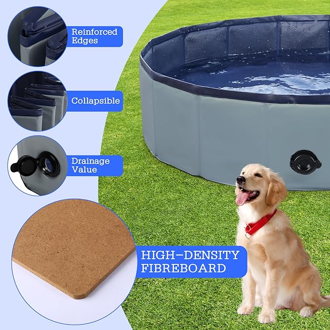 Foldable Dog Pool, Portable Pet Bath Tub and Kiddie Swimming Pool, Collapsible Bathtub for Puppies, Small, Medium and Large Dogs, Cats and Kids, 32 x 8 in, Gray