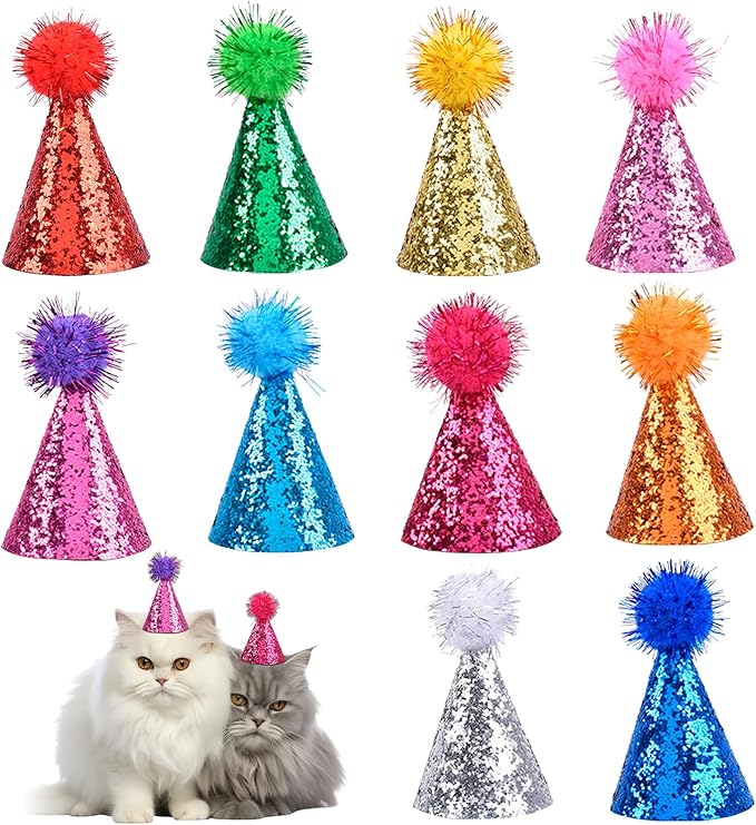 10Pcs Dog Cat Birthday Hat Mini Party Birthday Hats for Stuffed Animals Set Cute Small Party Hats with Glitter Adjustable Pastel Pet Grooming Costume Accessories Mini Stuff for Small Dogs Cats